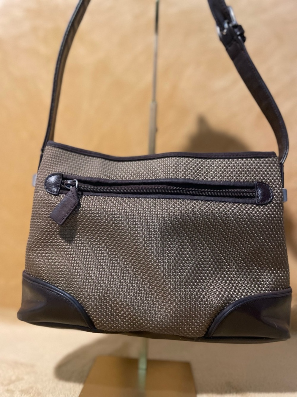 The Sak Woven Shoulder Bag in Brown and Dark Brown Trim
